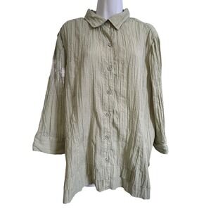 CJ Banks Womens 1X Green Textured Long Sleeve Collared Button Up Gauze Shirt Top